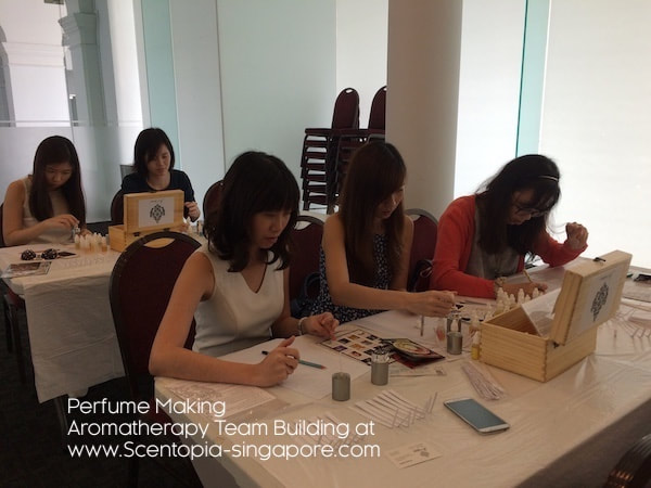Women enjoying customized perfume making process